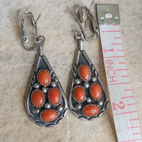 Vintage 925 Sterling Silver and Coral  Earrings 2" Long Clip back - Picture 6 of 6